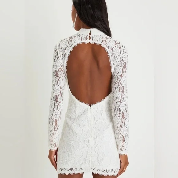 LULUS- White Lace Bodycon Mini Dress with Open Back and Sleeves - Picture 2 of 7